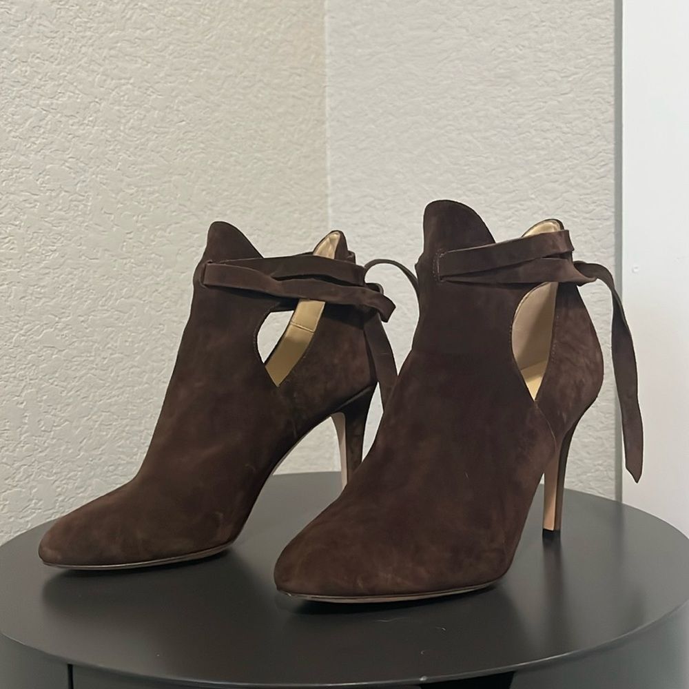 JIMMY CHOO Marina Tie Strap Brown Suede Booties, Size 36.5 (US- 6)